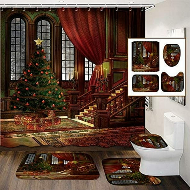 House with Christmas tree Shower Curtain Bathroom Waterproof Fabric & 12hooks
